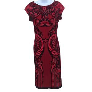 Worthington Dress Womens 4 Red Black Midi Bodycon Cocktail Party Velvet Stretch